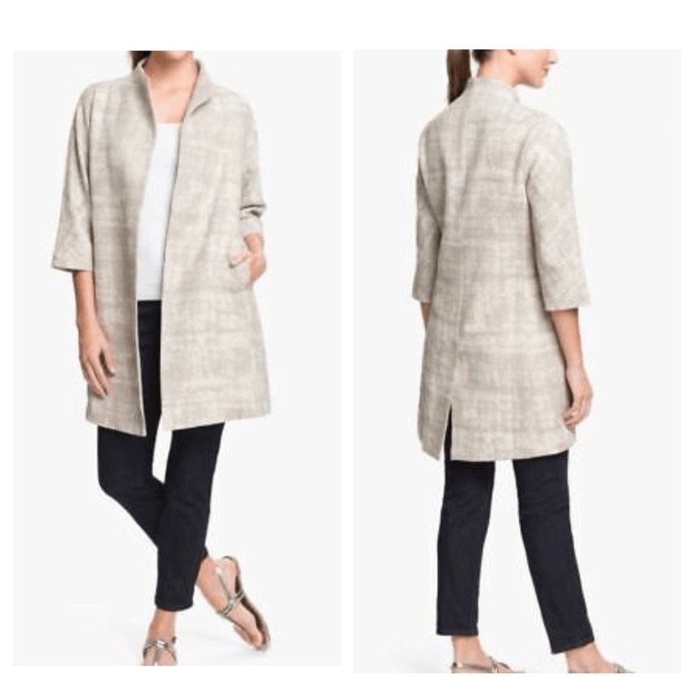 Eileen Fisher Taupe Silver Illusion Jacquard Open Front Long Coat Jacket XL